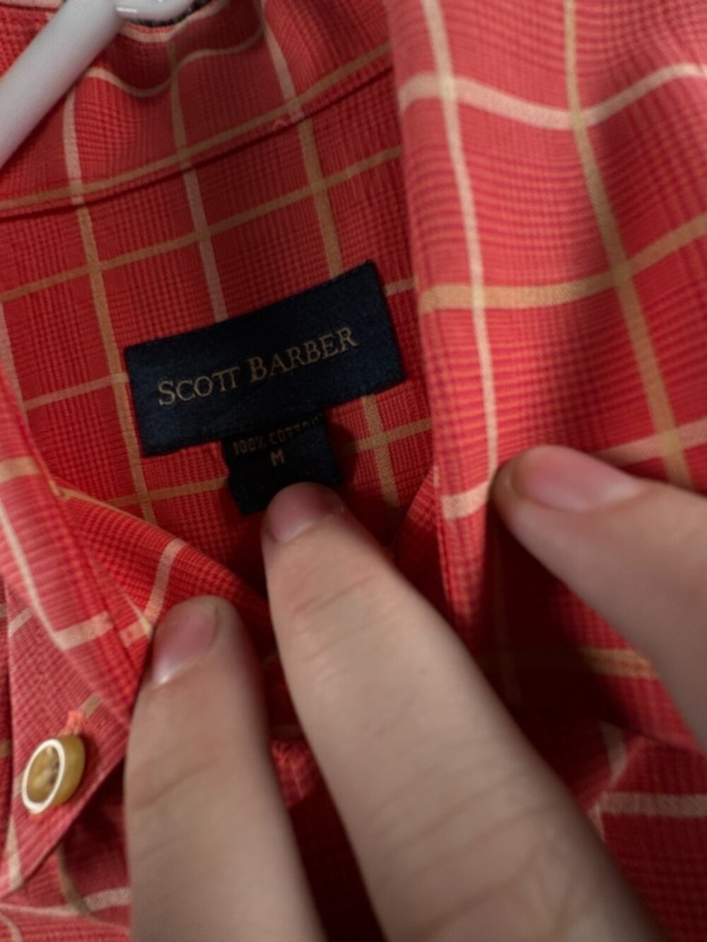 Scott Barber Medium Cotton Long Sleeve Button Up Shirt Red Check Adult Casual - Picture 10 of 14